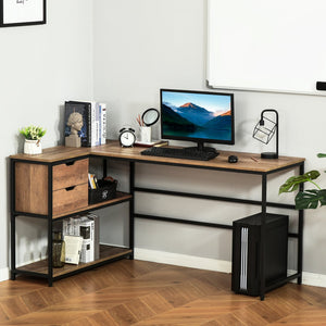 English Elm L-Shaped Industrial Home Office Desk with Storage Shelves, 2 Drawers, Steel Frame, Brown Wood Grain W2225141475