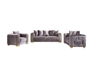 English Elm IMPREZA Opulent 3PC Velvet Living Room Set with Gold Birch Frame, Glamorous Metallic Accents and Comfort Grey B009S01946
