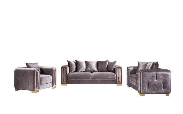 English Elm IMPREZA Opulent 3PC Velvet Living Room Set with Gold Birch Frame, Glamorous Metallic Accents and Comfort Grey B009S01946