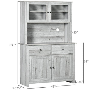 English Elm 63.5" Kitchen Buffet Hutch with Pantry Storage, Adjustable Shelves, Drawers, Glass Doors, Ash Grey, Cable Management W2225141470