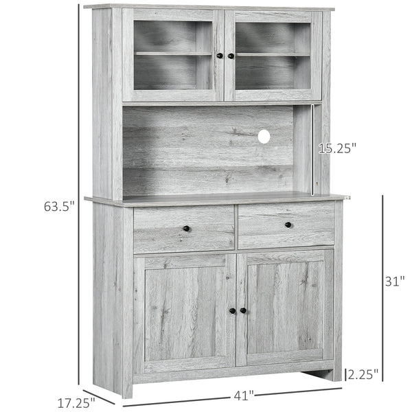English Elm 63.5" Kitchen Buffet Hutch with Pantry Storage, Adjustable Shelves, Drawers, Glass Doors, Ash Grey, Cable Management W2225141470