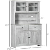 English Elm 63.5" Kitchen Buffet With Hutch, Pantry Storage Cabinet With 4 Shelves, Drawers, Framed Glass Doors, Open Microwave Countertop, Ash Grey