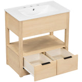 English Elm 30" Bathroom Vanity With Sink Top, Bathroom Cabinet With Open Storage Shelf and Two Drawers, One Package, Natural