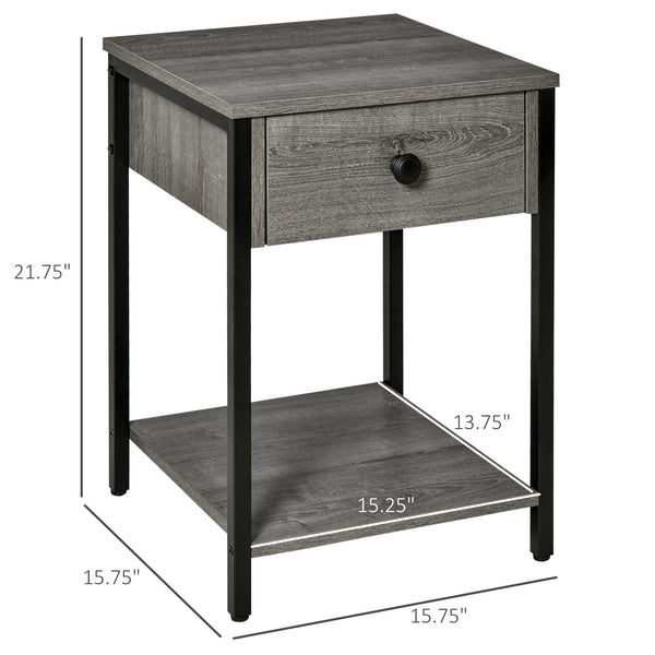 English Elm Industrial End Table with Drawer & Open Shelf, Grey Wood Grain Top, Black Metal Frame, 66lb Capacity, Compact Accent Table for Living Room or Bedroom (15.75"x15.75"x21.75") W2225141480