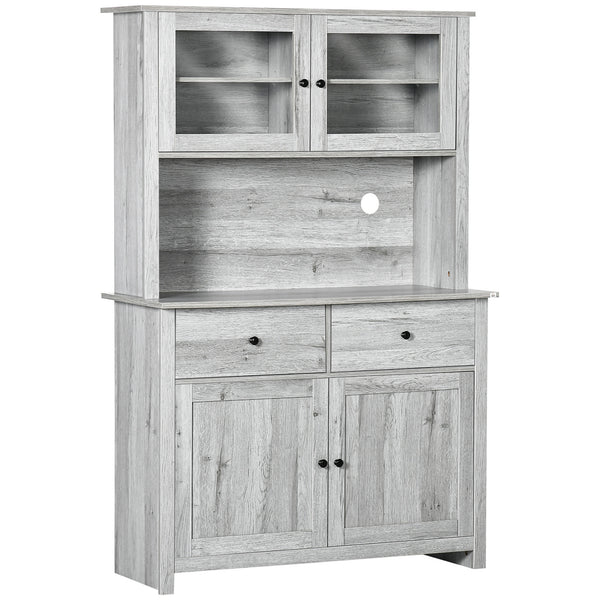 English Elm 63.5" Kitchen Buffet Hutch with Pantry Storage, Adjustable Shelves, Drawers, Glass Doors, Ash Grey, Cable Management W2225141470