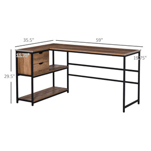 English Elm L-Shaped Industrial Home Office Desk with Storage Shelves, 2 Drawers, Steel Frame, Brown Wood Grain W2225141475
