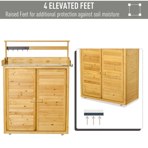 English Elm Garden Wooden Potting Bench Table with 3-Tier Shelves, Hooks, Magnetic Doors & Weatherproof Finish W2225141371