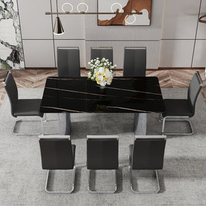 English Elm Modern Minimalist Dining Table - Sleek Black Faux-Marble Glass Top With Polished Silver Metal Legs, 71" W1151S00581
