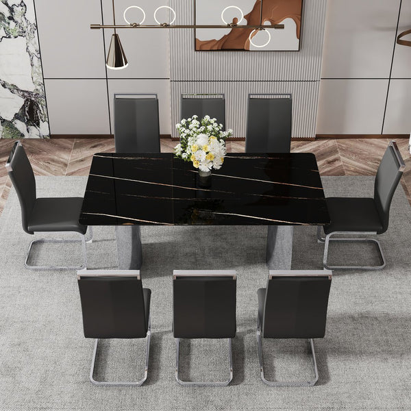 English Elm Modern Minimalist Dining Table - Sleek Black Faux-Marble Glass Top With Polished Silver Metal Legs, 71" W1151S00581