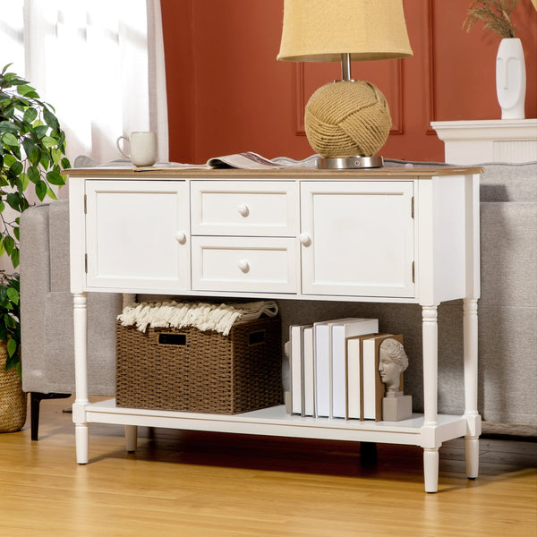English Elm Console Vintage Entryway Console Table with 2 Drawers, Cabinets & Bottom Shelf, Distressed White Accent W2225141243