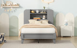 English Elm Twin Size Platform Bed With Storage Headboard,Multiple Storage Shelves On Both Sides,Grey