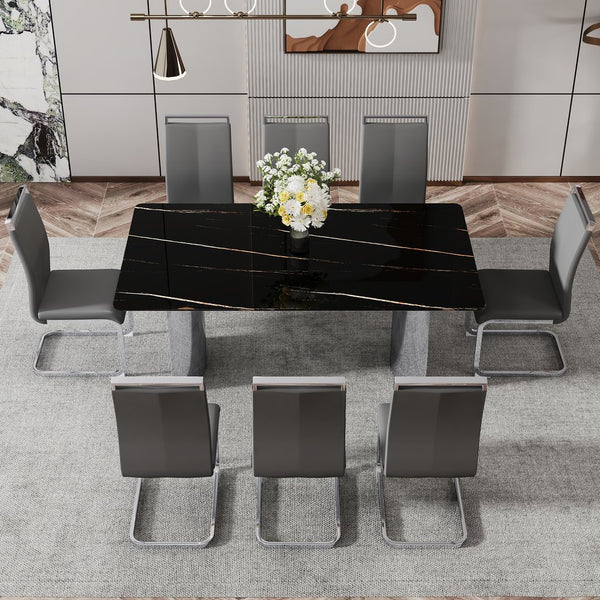 English Elm Modern Minimalist Dining Table - Sleek Black Faux-Marble Glass Top With Polished Silver Metal Legs, 71" W1151S00581