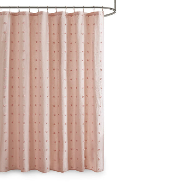 English Elm Brooklyn Cotton Yarn-Dyed Jacquard Pom Pom Shower Curtain 70x72 Soft Pink OEKO-TEX Chic Texture B035129340