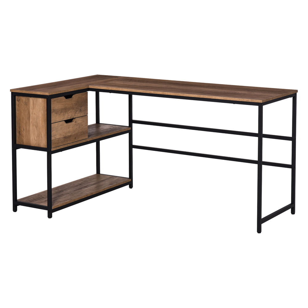 English Elm L-Shaped Industrial Home Office Desk with Storage Shelves, 2 Drawers, Steel Frame, Brown Wood Grain W2225141475