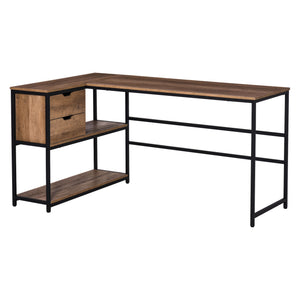 English Elm L-Shaped Industrial Home Office Desk with Storage Shelves, 2 Drawers, Steel Frame, Brown Wood Grain W2225141475
