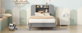 English Elm Twin Size Platform Bed With Storage Headboard,Multiple Storage Shelves On Both Sides,Grey