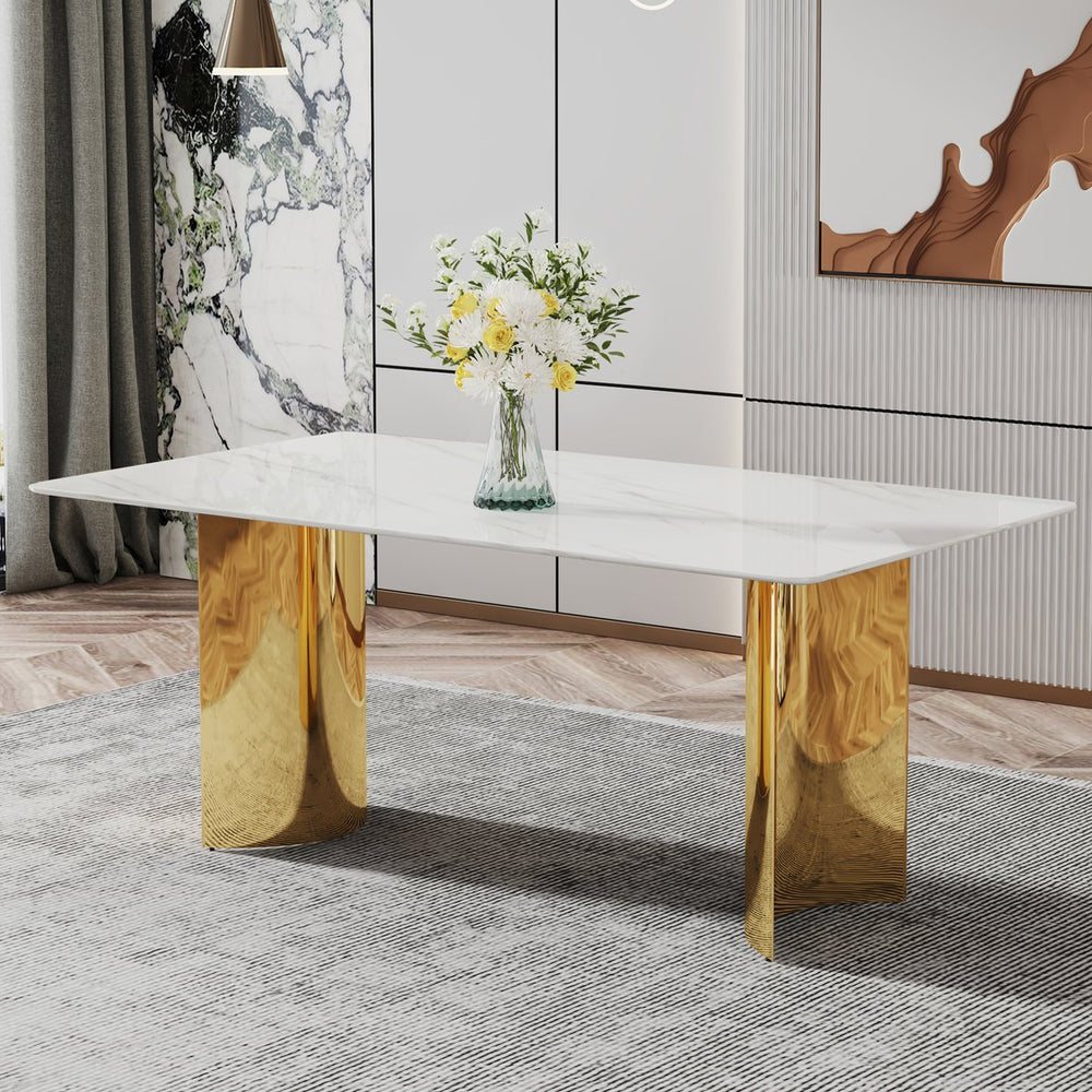 English Elm Modern Minimalist Dining Table With White Imitation Marble Top & Gold Metal Legs - 71" X 39" W1151S04320