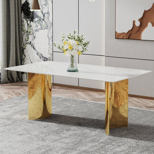 English Elm Modern Minimalist Dining Table With White Imitation Marble Top & Gold Metal Legs - 71" X 39" W1151S04320