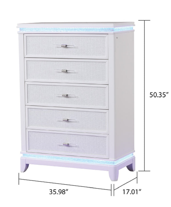 English Elm Opium 5-Drawer Chest with Crystal Accents, Integrated LED Lighting, Reflective White Finish for Chic Storage Elegance G150108865