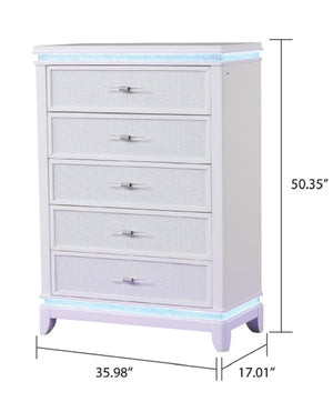 English Elm OPIUM 5 Pc King Bedroom Set in Milky White with LED Headboard, Mirror & Modern Storage, Luxe Finish B009S02129