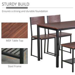 English Elm Industrial Rustic Brown 4-Piece Dining Set with Bench & Under-Seat Storage Rack, Space-Saving MDF Steel Frame W2225141222