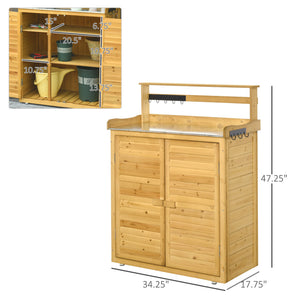 English Elm Garden Wooden Potting Bench Table with 3-Tier Shelves, Hooks, Magnetic Doors & Weatherproof Finish W2225141371