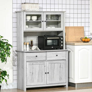English Elm 63.5" Kitchen Buffet Hutch with Pantry Storage, Adjustable Shelves, Drawers, Glass Doors, Ash Grey, Cable Management W2225141470
