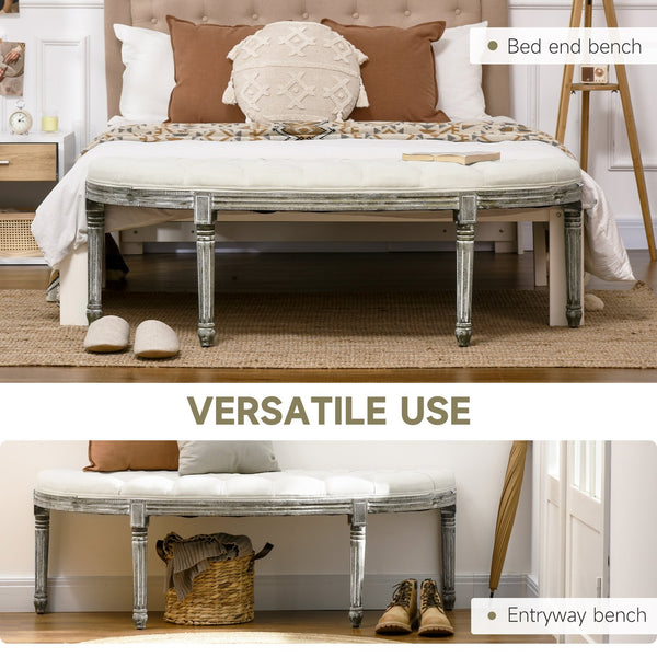 English Elm Semi-Circle Velvet Tufted End-of-Bed Bench, Vintage French Design, Off-White Upholstered Seat W2225141461