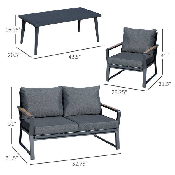 English Elm 4 Piece Patio Furniture Set - Aluminum Conversation Sofa Set with Cushions, Wood-Trim Armrests, Gray, Durable Outdoor Seating & Table W2225141358