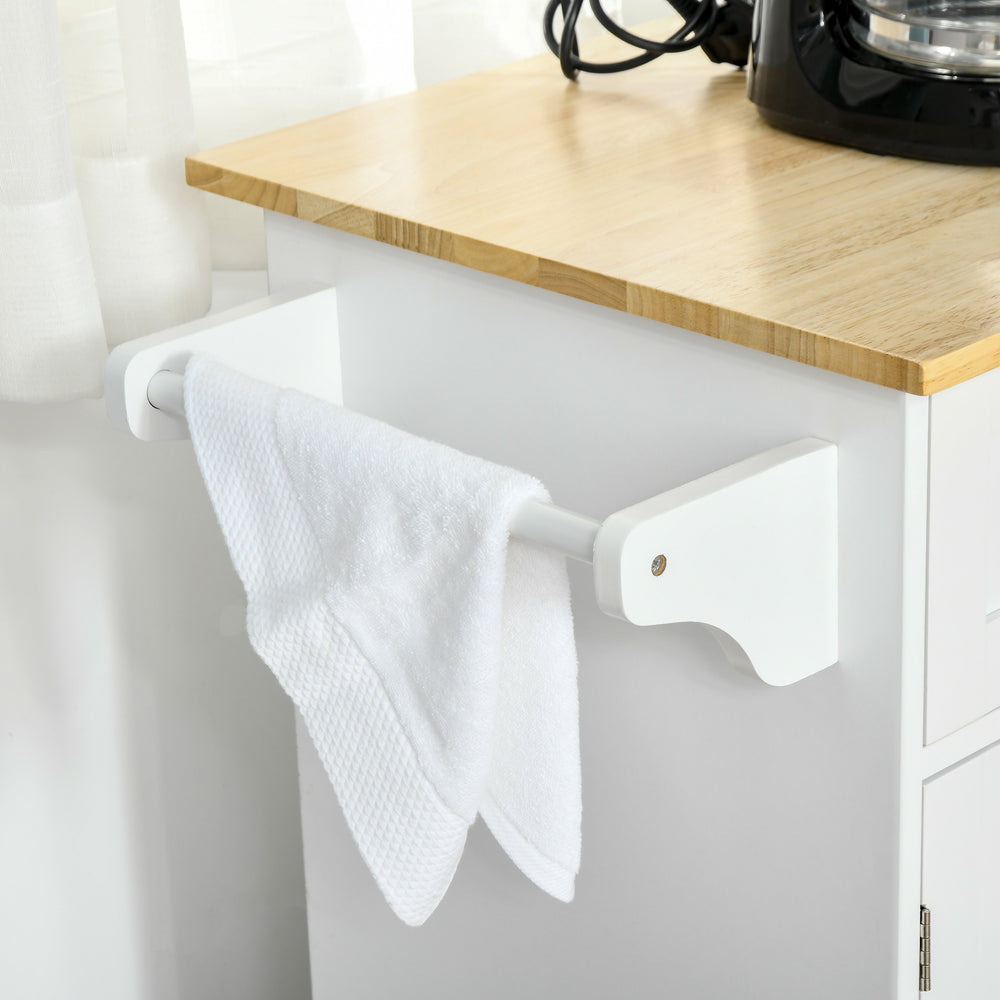 English Elm Mobile Kitchen Island Modern White Cart with Natural Wood Top, 3 Cabinets, 2 Drawers, Wheels, Rack W2225141453