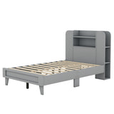 English Elm Twin Size Platform Bed With Storage Headboard,Multiple Storage Shelves On Both Sides,Grey