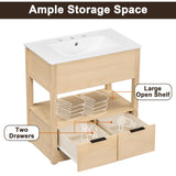 English Elm 30" Bathroom Vanity With Sink Top, Bathroom Cabinet With Open Storage Shelf and Two Drawers, One Package, Natural (Old Sku:Wf311619Aad)