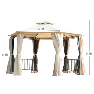 English Elm 13' x 13' Patio Gazebo Hexagon Double-Tier Outdoor Canopy with Mesh Netting & Privacy Curtains, Sturdy Steel Frame for Garden, Lawn, Backyard, Deck, Weather-Resistant Protection Beige W2225S00007
