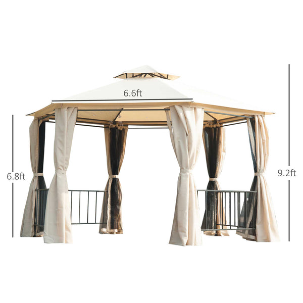 English Elm 13' x 13' Patio Gazebo Hexagon Double-Tier Outdoor Canopy with Mesh Netting & Privacy Curtains, Sturdy Steel Frame for Garden, Lawn, Backyard, Deck, Weather-Resistant Protection Beige W2225S00007