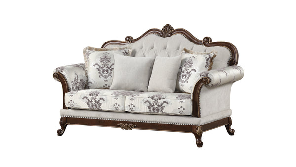 English Elm Gloria Royal Traditional 5PC Living Room Set in Ivory with Button Tufting, Floral Upholstery & Cherry Tables B009S01333
