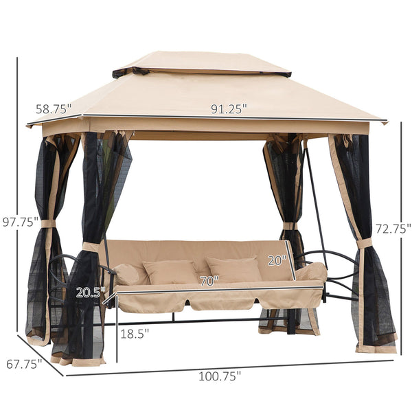 English Elm 3-Seat 3-in-1 Patio Swing Bed with Double-Tier Canopy, Mesh Netting, Cushions & 660lb Steel Frame W2225S00004