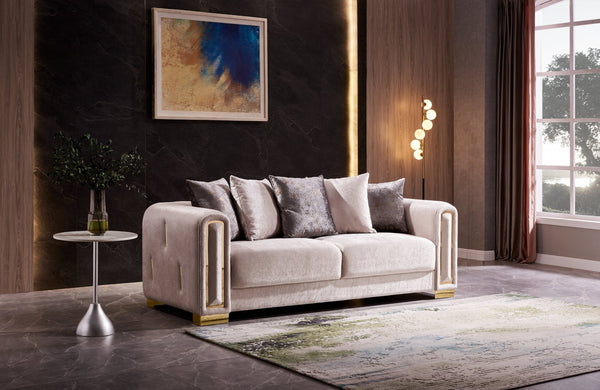 English Elm Impreza Art Deco Velvet Sofa with Gold Leg Accents for Glam Living Rooms Beige B009141287