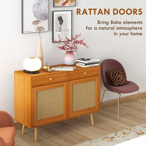 English Elm Storage Boho Cabinet with Rattan Doors, 2 Drawers & Adjustable Shelf, Pine Legs Accent Sideboard W2225141478