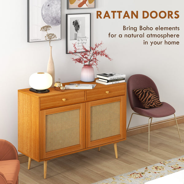 English Elm Storage Boho Cabinet with Rattan Doors, 2 Drawers & Adjustable Shelf, Pine Legs Accent Sideboard W2225141478
