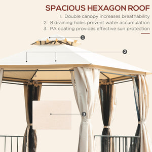 English Elm 13' x 13' Patio Gazebo Hexagon Double-Tier Outdoor Canopy with Mesh Netting & Privacy Curtains, Sturdy Steel Frame for Garden, Lawn, Backyard, Deck, Weather-Resistant Protection Beige W2225S00007