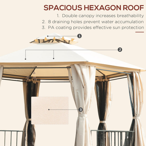 English Elm 13' x 13' Patio Gazebo Hexagon Double-Tier Outdoor Canopy with Mesh Netting & Privacy Curtains, Sturdy Steel Frame for Garden, Lawn, Backyard, Deck, Weather-Resistant Protection Beige W2225S00007