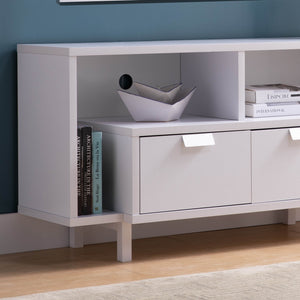 English Elm Modern TV Stand White with 2 Drawers, Open Shelves & Cable Cutouts — Sturdy U-Legs for Media Rooms B107131410