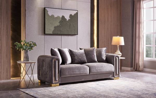 English Elm IMPREZA Opulent 3PC Velvet Living Room Set with Gold Birch Frame, Glamorous Metallic Accents and Comfort Grey B009S01946