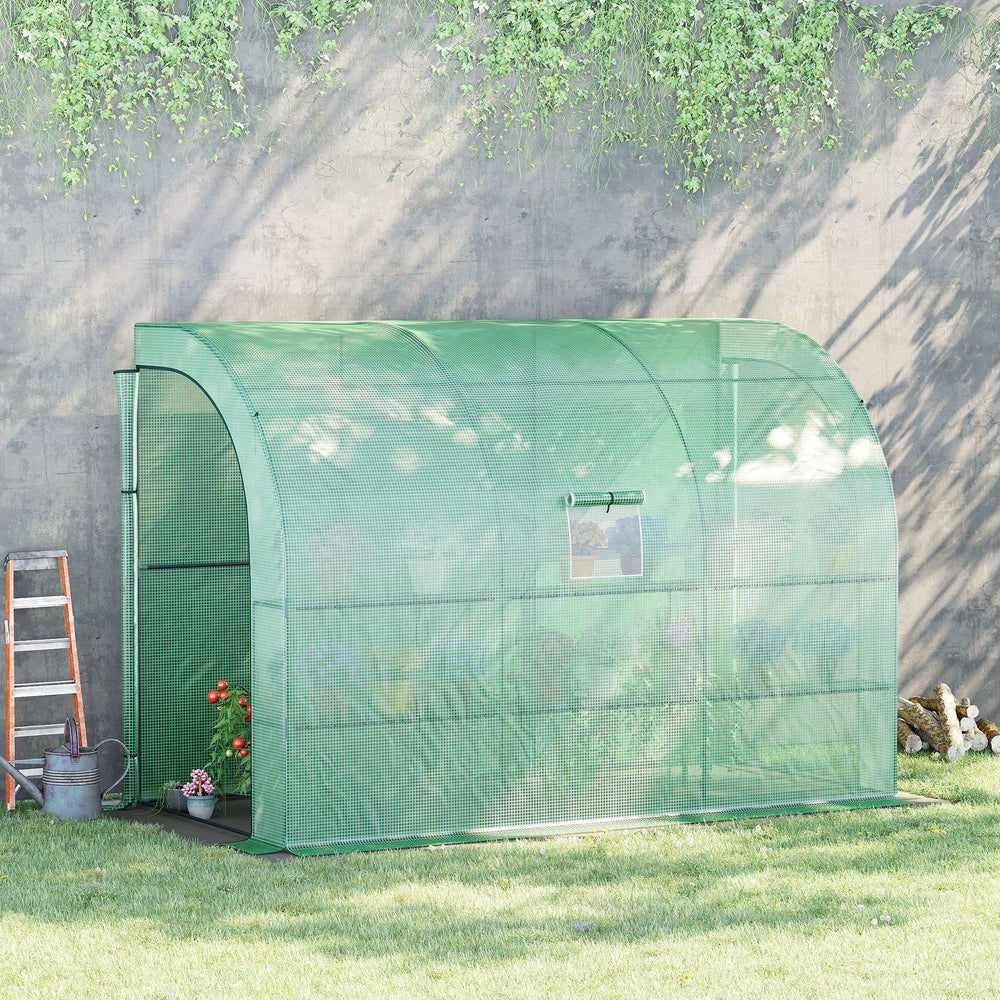 English Elm 10' Lean-To Greenhouse 10'x5'x7' Walk-In Plant Nursery with PE Cover, 2 Roll-Up Doors, 3 Shelves W2225141389