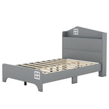 English Elm Wooden Twin Size House Bed With Storage Headboard ,Kids Bed With Storage Shelf,Grey