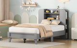 English Elm Twin Size Platform Bed With Storage Headboard,Multiple Storage Shelves On Both Sides,Grey