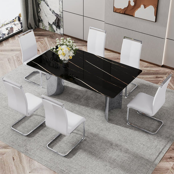 English Elm Modern Minimalist Dining Table - Sleek Black Faux-Marble Glass Top With Polished Silver Metal Legs, 71" W1151S00581