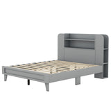 English Elm Full Size Platform Bed With Storage Headboard,Multiple Storage Shelves On Both Sides,Grey