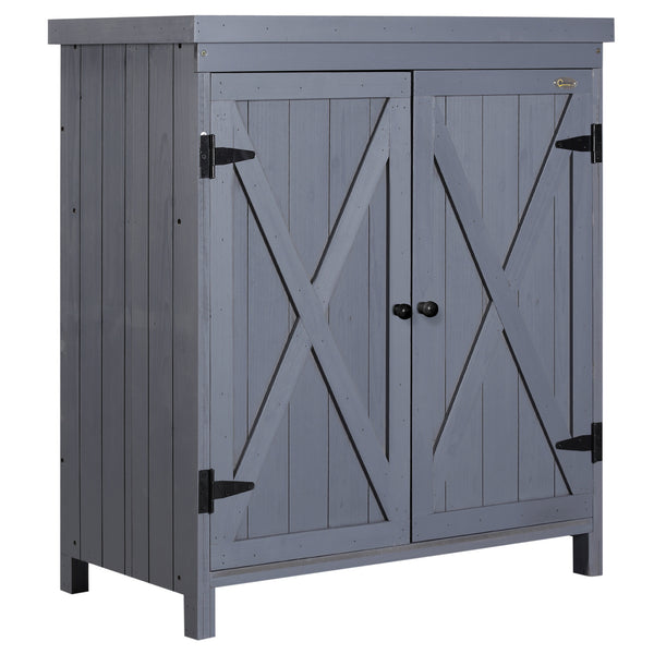 English Elm Garden Wood Storage Cabinet with Galvanized Top, Farmhouse X-Bar Doors, 2 Shelves, Weatherproof Elegance W2225141374