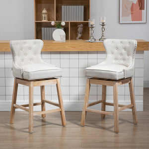 English Elm Upholstered Cream Bar Stools Set of 2 – 30" Seat Height, 180° Swivel, Nailhead Trim, Rubberwood Legs W2225141467